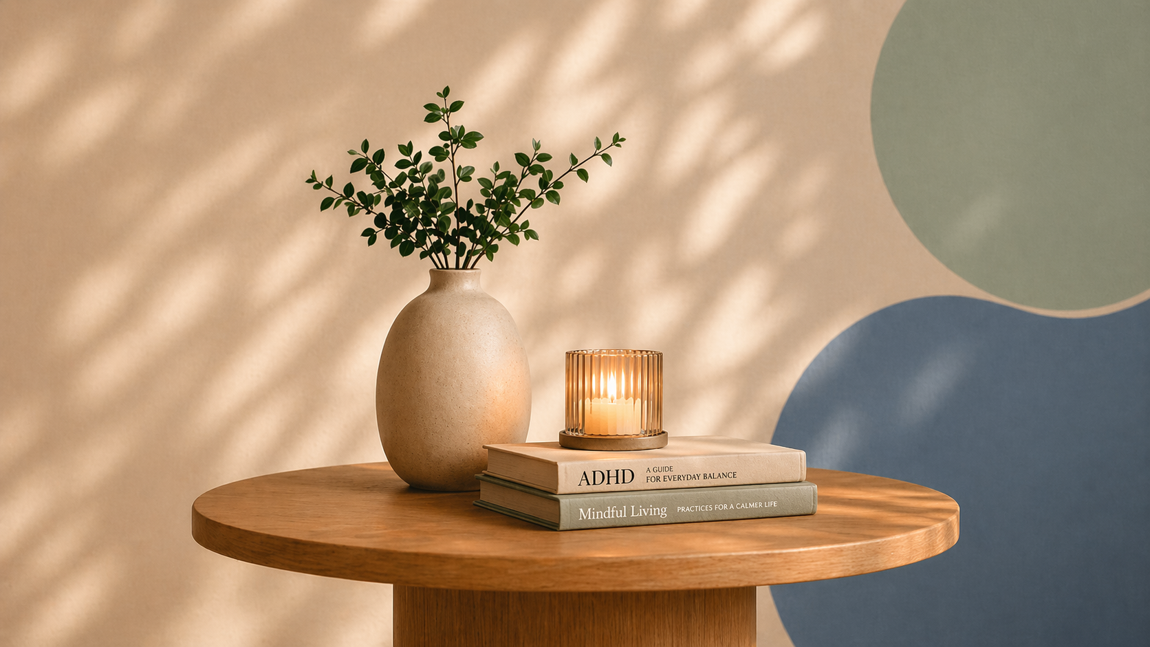 Vase with branches, a lit candle and books on a table — atmospheric image for evening care