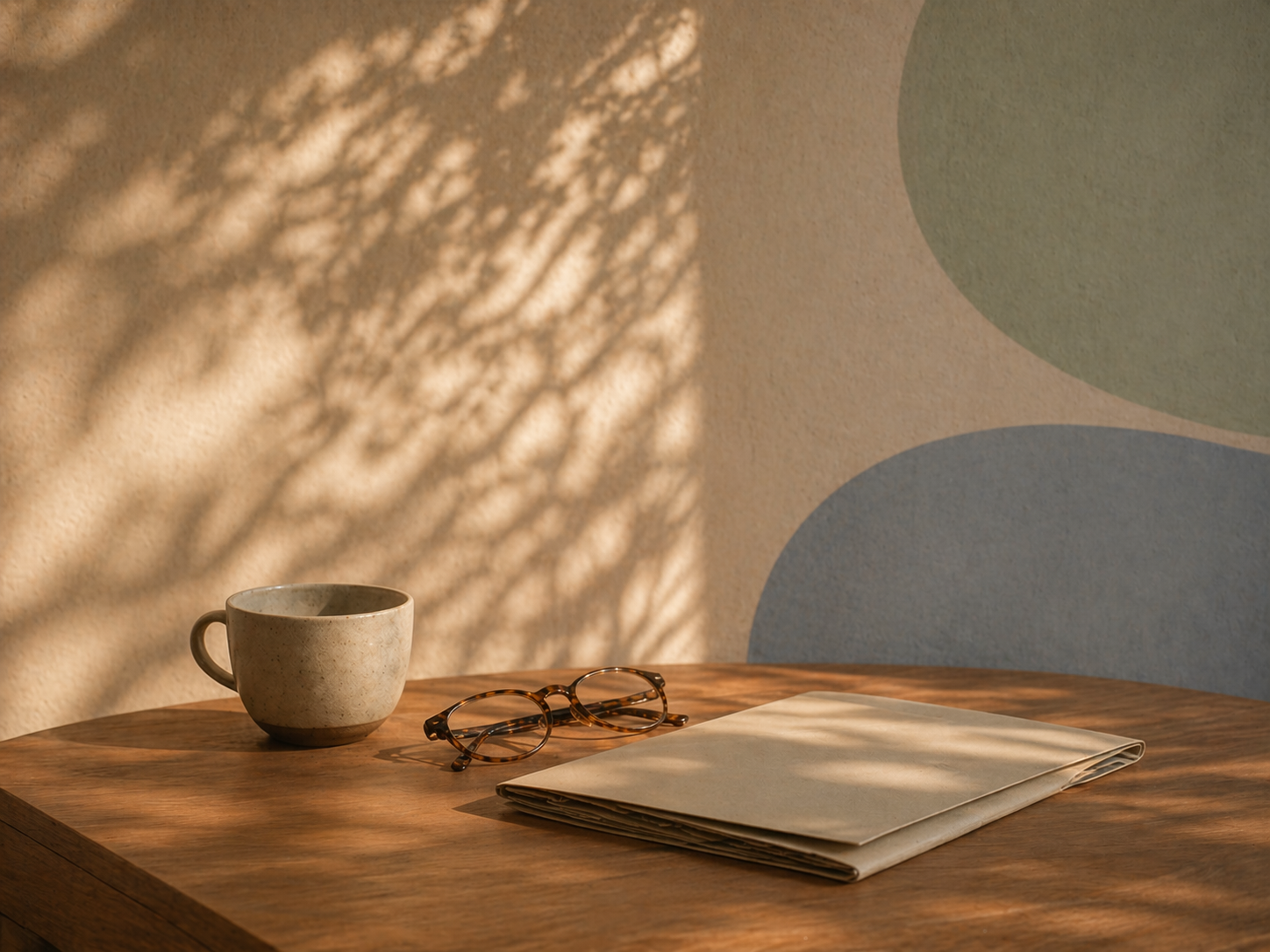 Desk with coffee cup, reading glasses and open document in soft evening light — ambient image for referrers